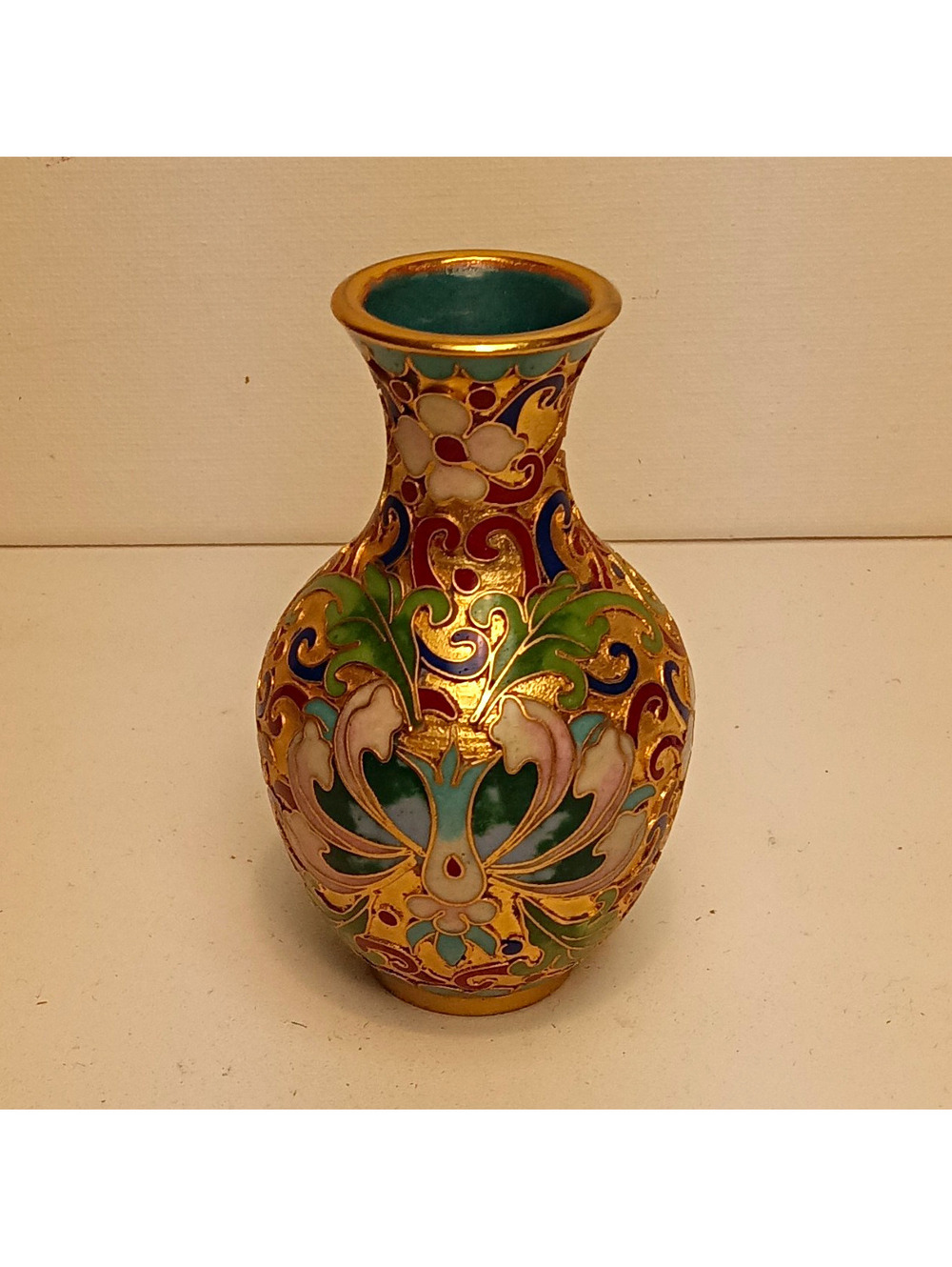 3" VTG Chinese Cloisonne Mini Vase Mint Detailed Raised Gold Wire Floral Design